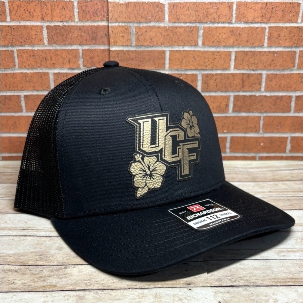 Richardson 112 UCF Leatherette Patch Trucker Black Hat - UCF Hat